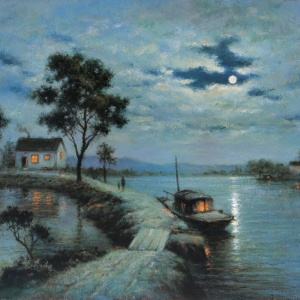 顏文樑油畫風(fēng)景《湖塘夜歸》欣賞