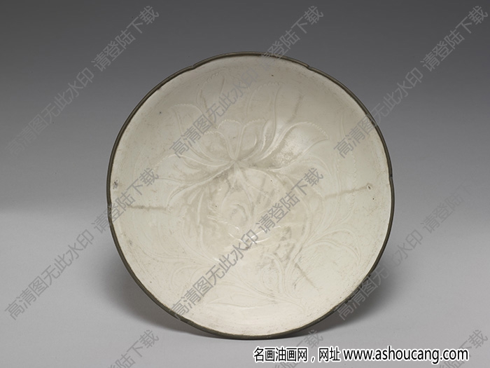 金 定窯白瓷印花蓮塘水鳥紋碗 高清大圖下載