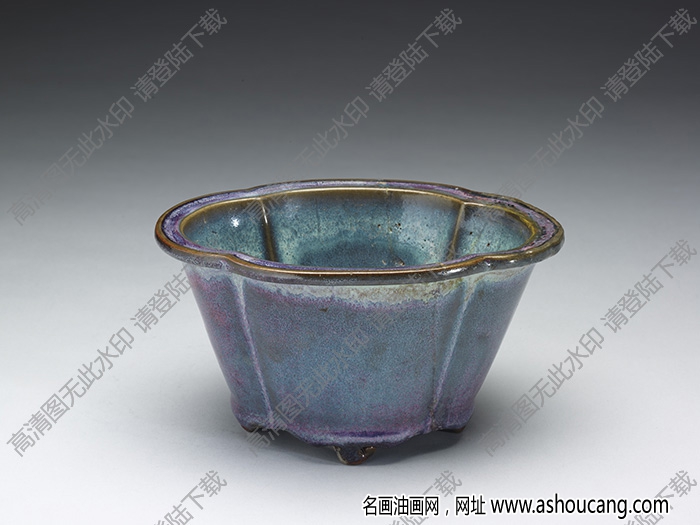 金-明 鈞窯天藍(lán)葡萄紫海棠式瓷盆 高清大圖下載