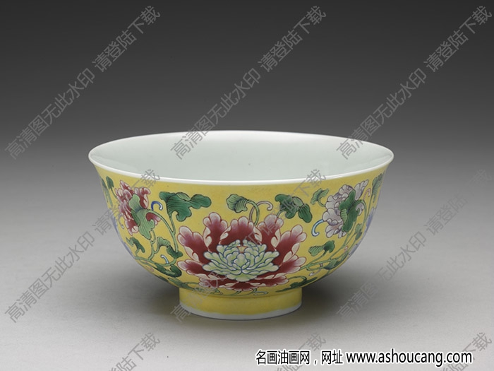 清康熙 琺瑯彩黃地花卉碗 高清大圖下載