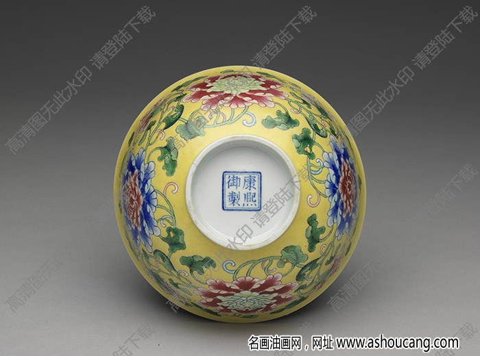 清康熙 琺瑯彩黃地花卉碗 高清大圖下載
