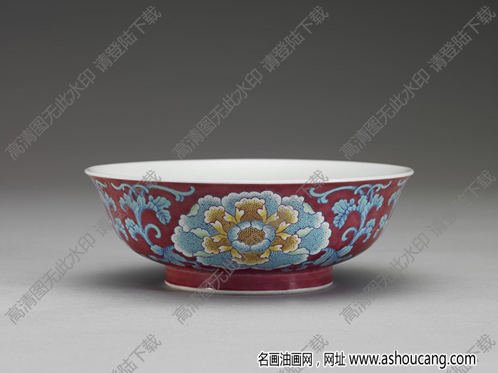 清康熙 琺瑯彩瓷紅地花卉碗 高清大圖下載