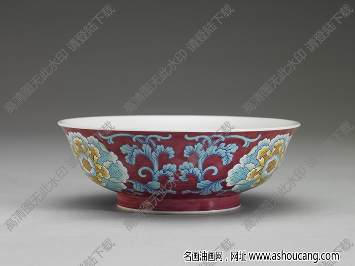 清康熙 琺瑯彩瓷紅地花卉碗 高清大圖下載