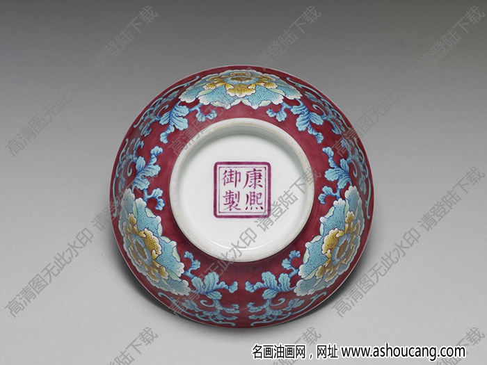 清康熙 琺瑯彩瓷紅地花卉碗 高清大圖下載