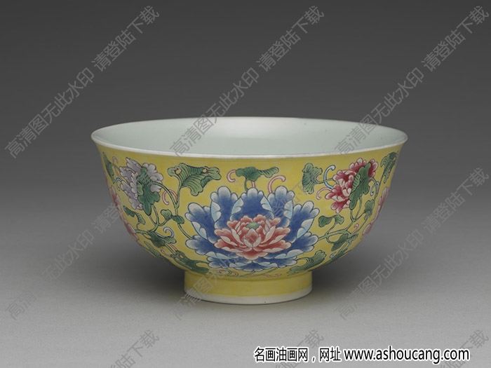 清康熙 瓷胎畫(huà)琺瑯黃地牡丹碗 高清大圖下載