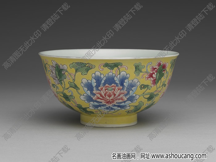 清康熙 瓷胎畫(huà)琺瑯黃地牡丹碗 高清大圖下載