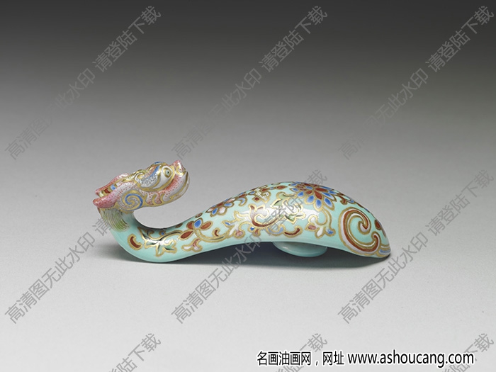 清 湖綠地粉彩萬(wàn)壽花卉龍首瓷帶鉤 高清大圖下載