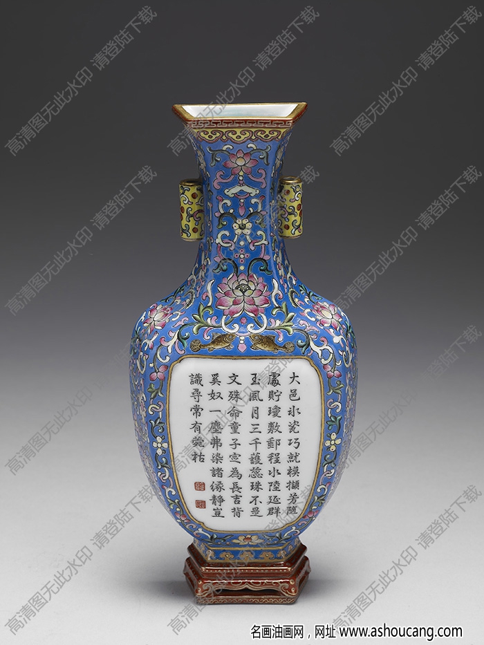 清乾隆 藍(lán)地錦上添花詩(shī)意雙耳四方轎瓶 高清大圖下載