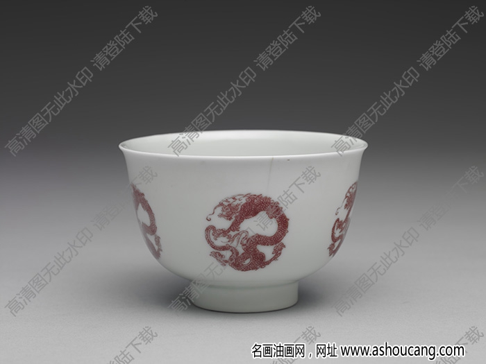 清康熙 白瓷描紅團(tuán)龍紋杯 高清大圖下載