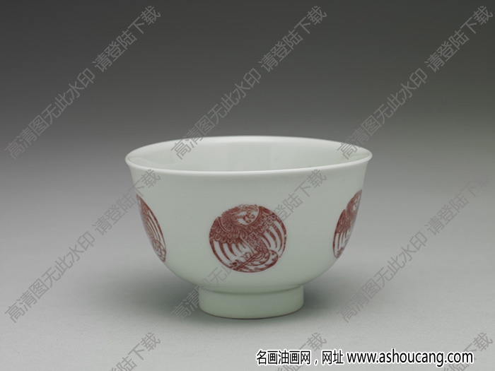 清康熙 白瓷描紅團(tuán)鳳紋杯 高清大圖下載