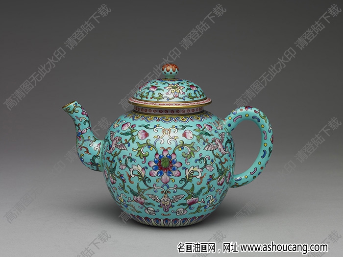 清乾隆 粉彩連年福壽紋藍地茶壺 高清大圖下載