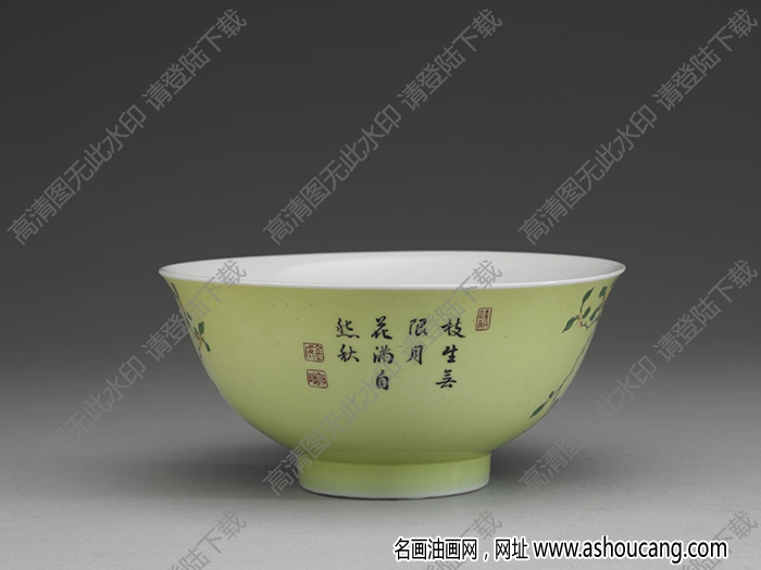 清雍正 琺瑯彩瓷綠地芙蓉桂花碗 高清大圖下載
