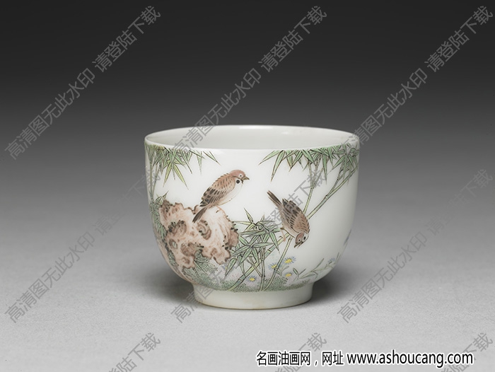 清雍正 琺瑯彩瓷竹雀圖杯 高清大圖下載