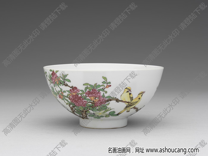 清雍正 琺瑯彩瓷石榴黃鸝碗 高清大圖下載