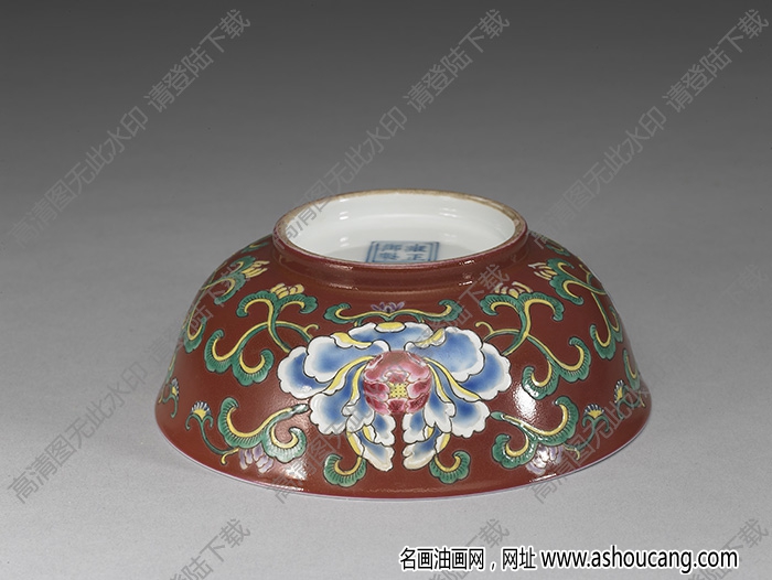 清雍正 洋彩瓷紅地花卉碗 高清大圖下載