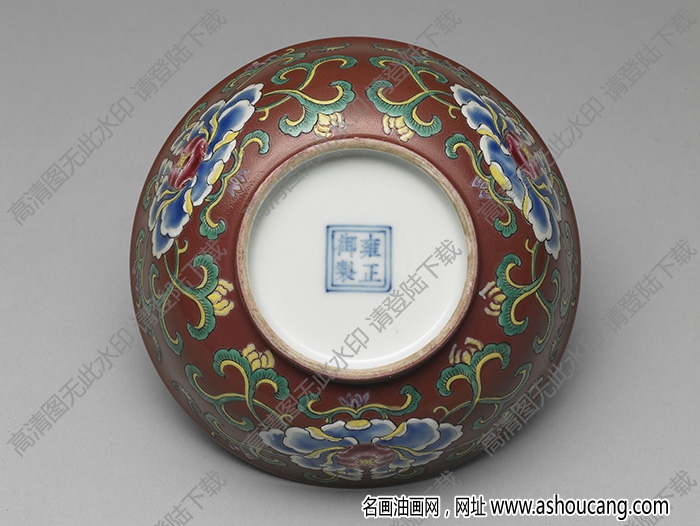 清雍正 洋彩瓷紅地花卉碗 高清大圖下載