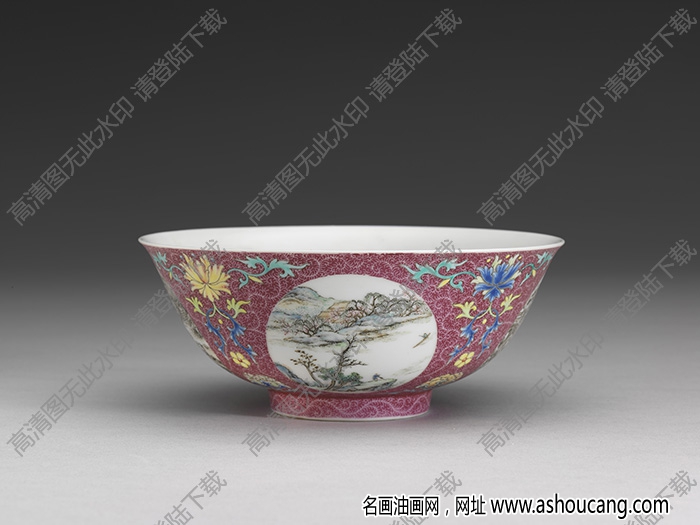 清乾隆 琺瑯彩洋紅地開(kāi)光四季山水碗 高清大圖下載