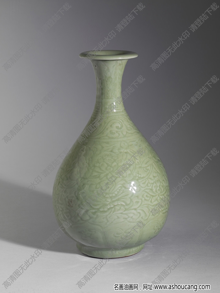 明 龍泉窯青瓷劃花花卉紋玉壺春瓶 高清大圖下載