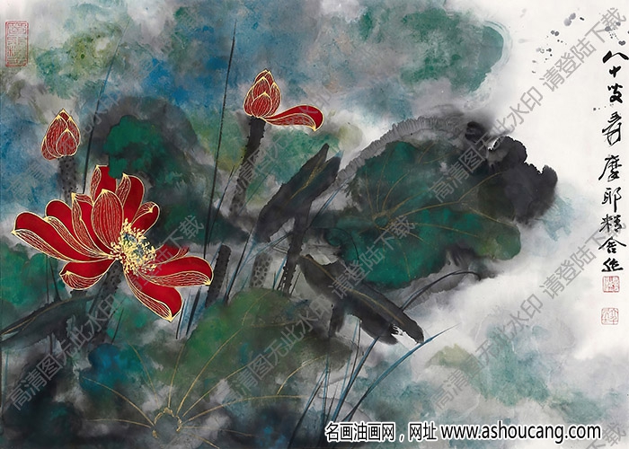 張大千國畫_潑彩荷花_八十叟爰_摩耶精舍作_高清大圖下載