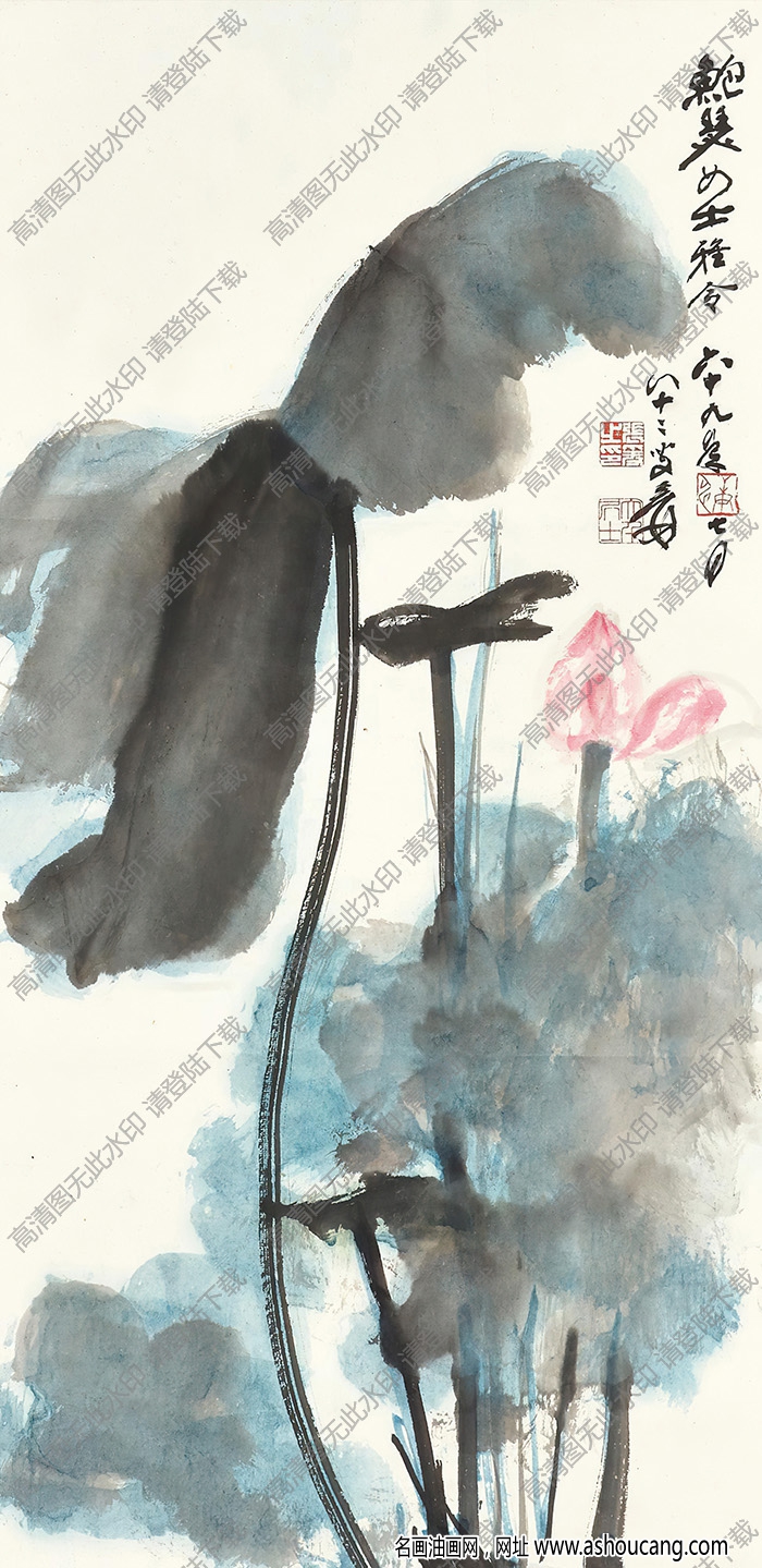 張大千作品_荷花_六十九年七月_八十三叟爰_高清大圖下載