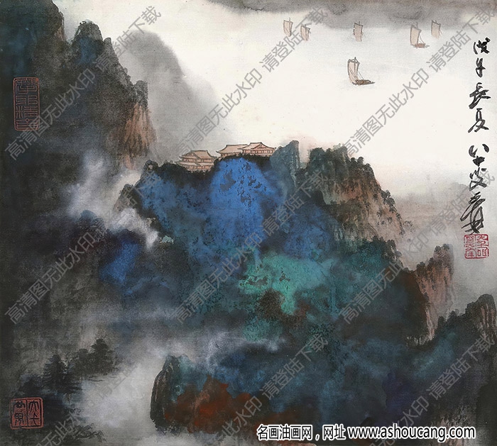 張大千作品_潑彩山水_戊午長夏_八十叟爰_高清大圖下載