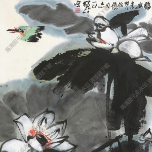 黃獨(dú)峰國(guó)畫 荷花翠鳥(niǎo) 高清大圖下載