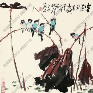 黃獨(dú)峰國(guó)畫 荷花小鳥(niǎo) 高清大圖下載