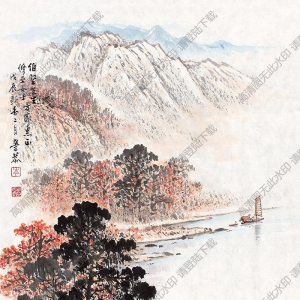 岑學恭國畫 秋林遠帆 高清大圖下載