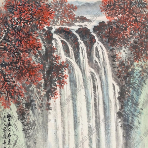 岑學恭國畫 秋山飛瀑圖 高清大圖下載