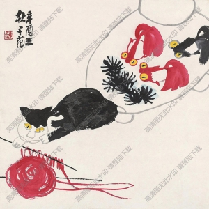崔子范國畫 金魚戲貓圖 高清大圖下載