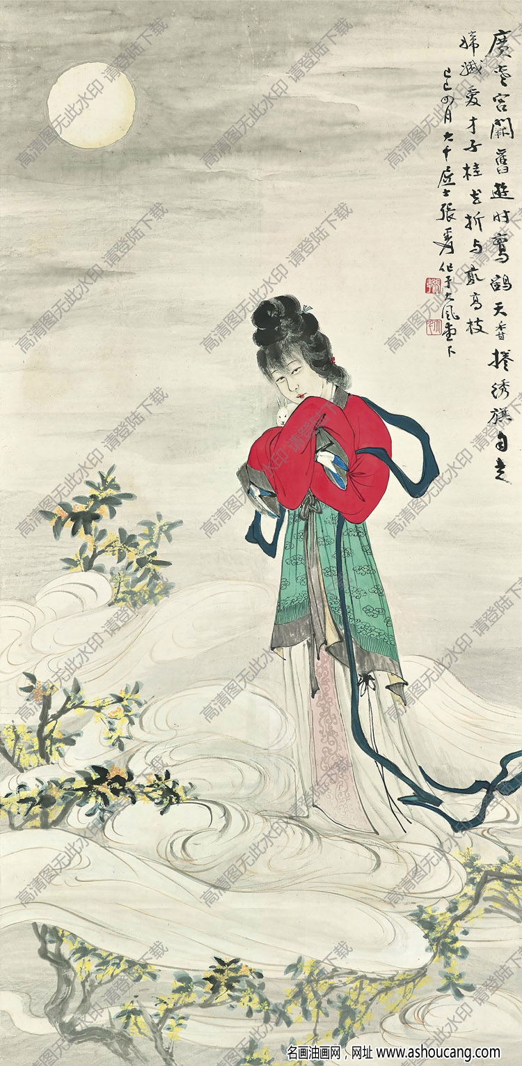張大千國畫_廣寒宮闕舊游時_鸞鶴天香卷繡旗_高清大圖下載