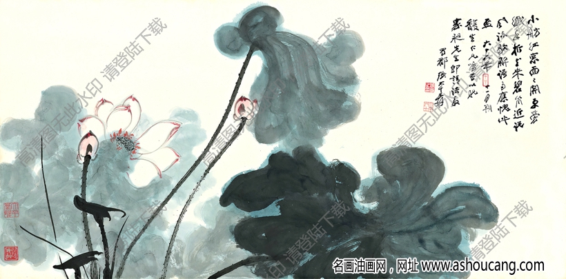 張大千國畫_荷花綻放_小舫紅窗面面開_高清大圖下載