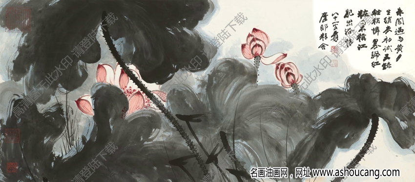 張大千作品_荷花_江妃出浴_高清國畫下載