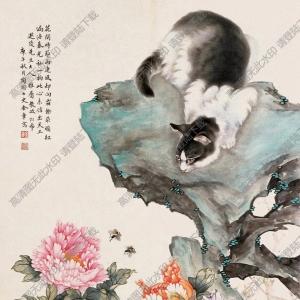 金章金陶陶國(guó)畫_貓和蜜蜂圖_高清大圖下載